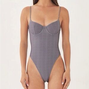 DE ROCOCO 2 Gray Logo Print High Rise Bloody Mary Bustier One Piece Swimsuit NWT